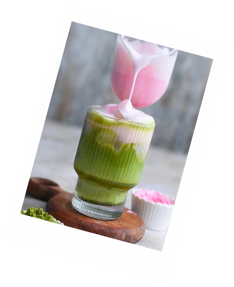 Matcha drink with pink flower