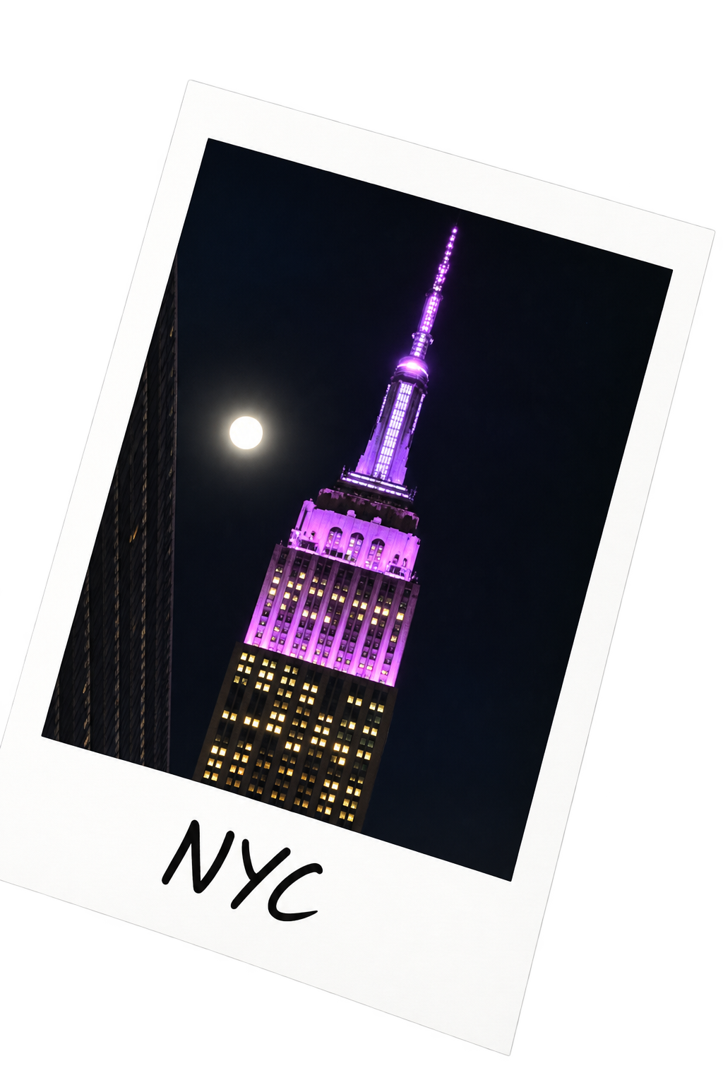 New York City skyline at night with moon