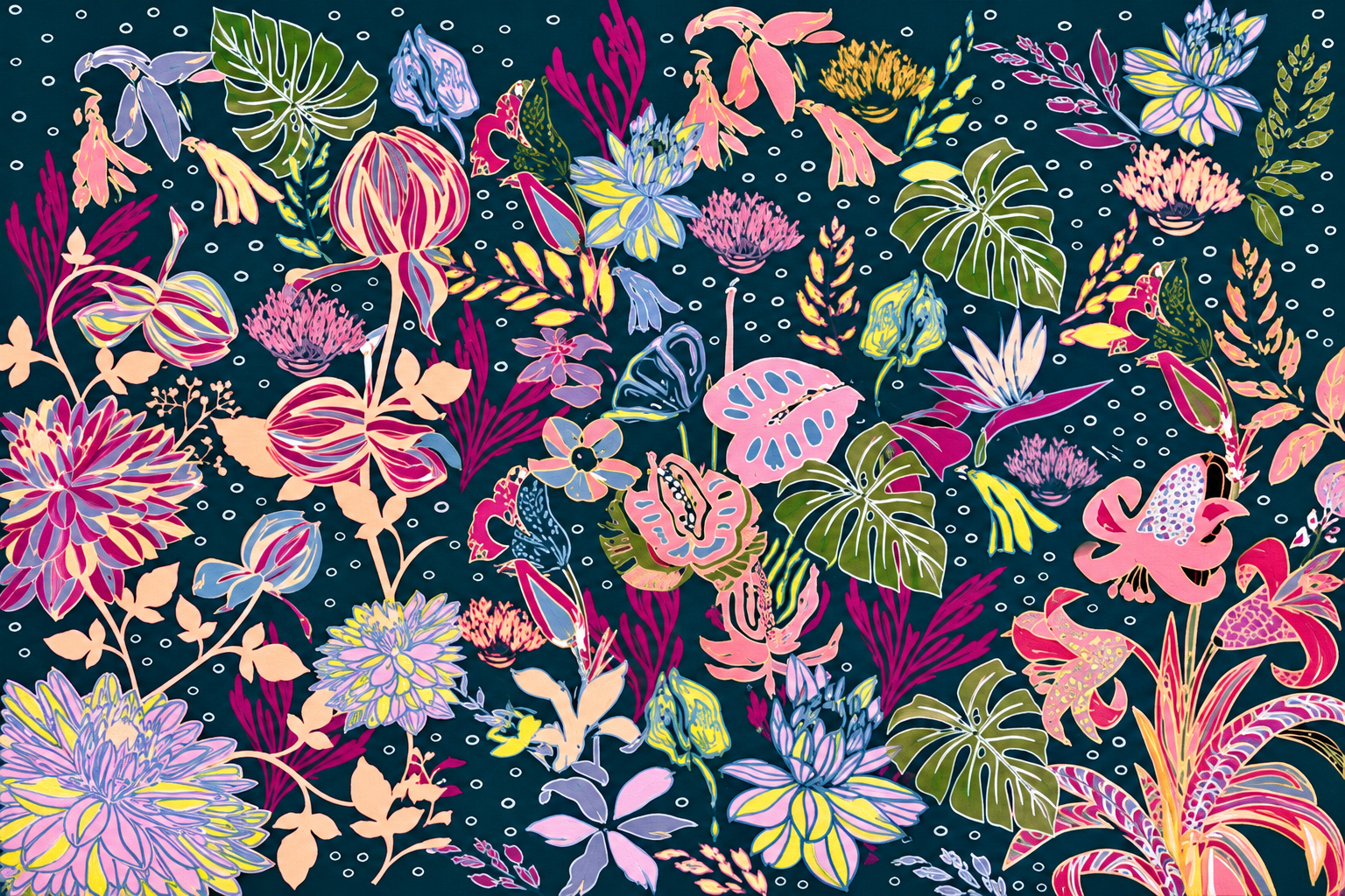 Intricate botanical and floral illustration on dark background