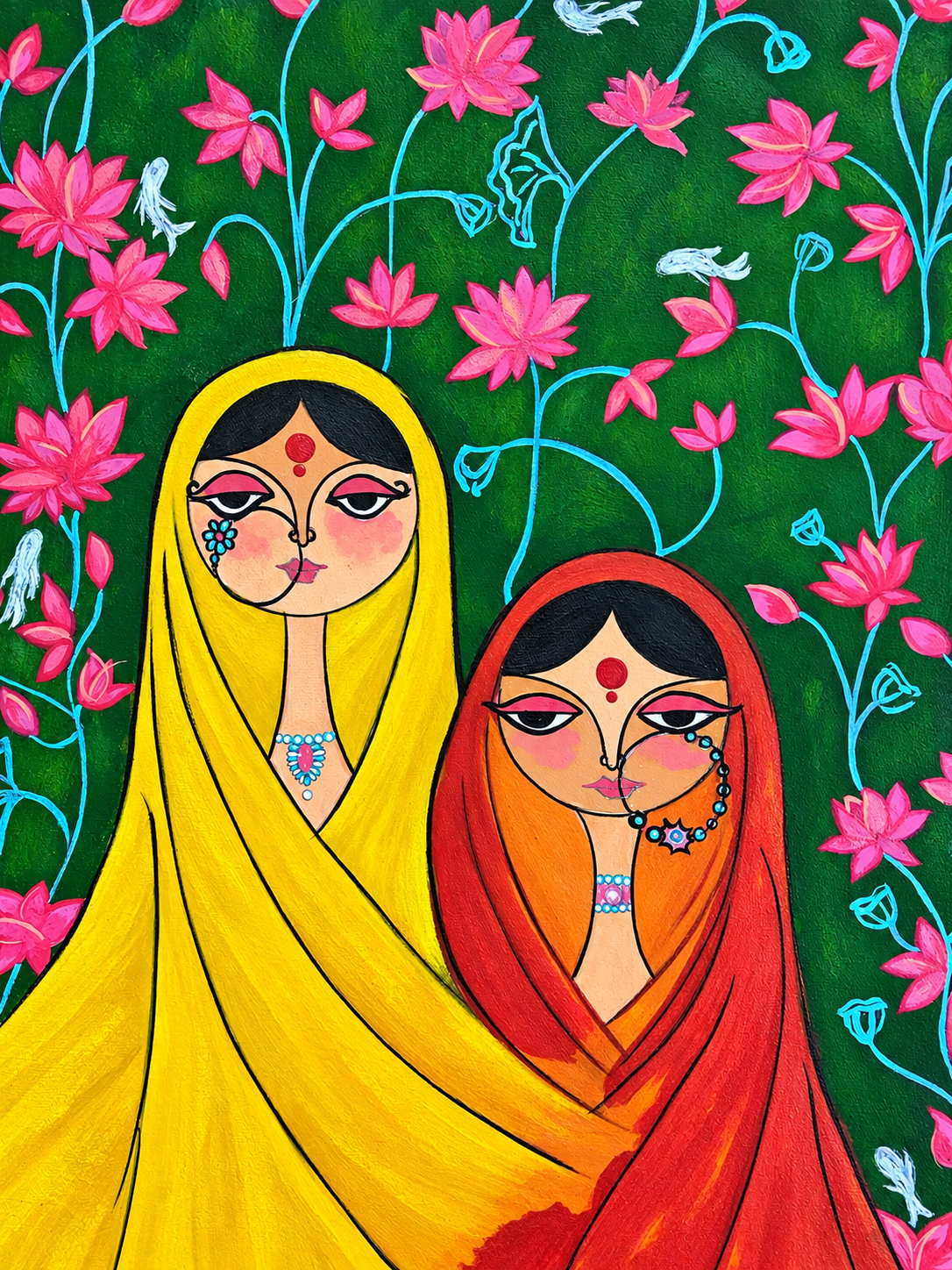 Traditional portrait of two women with lotus flowers
