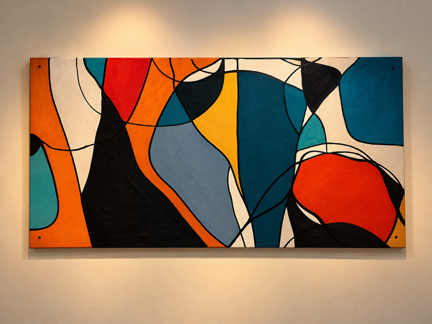 Abstract color block wall painting with black line work