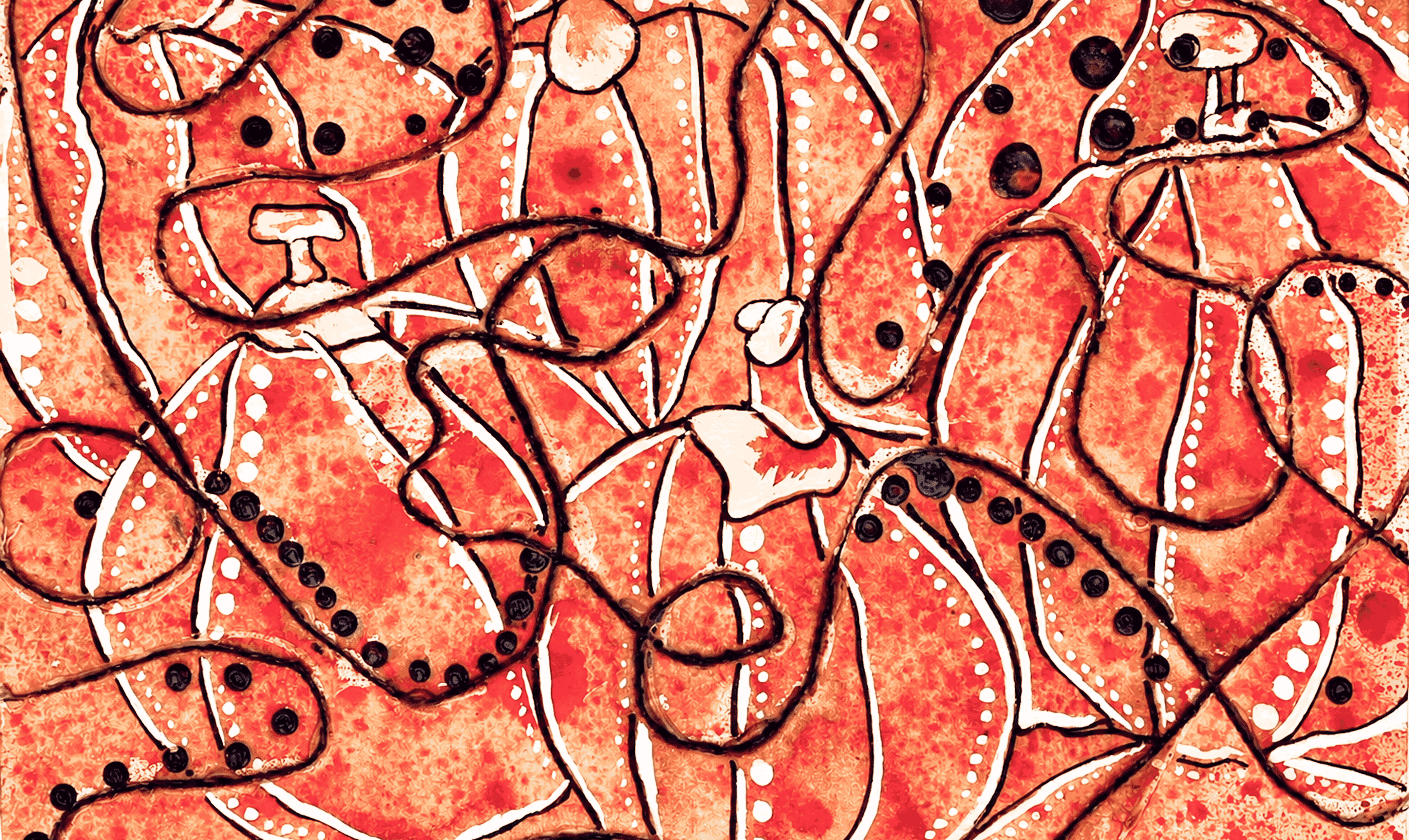 Warm terracotta background with fluid line work and dots