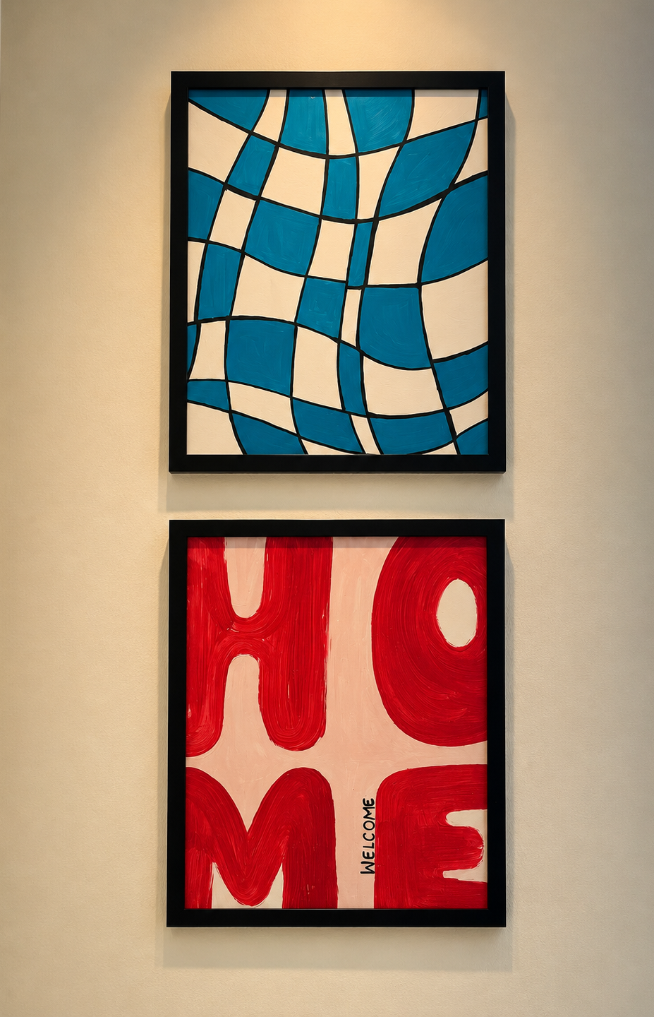 Framed graphic art prints on gallery wall