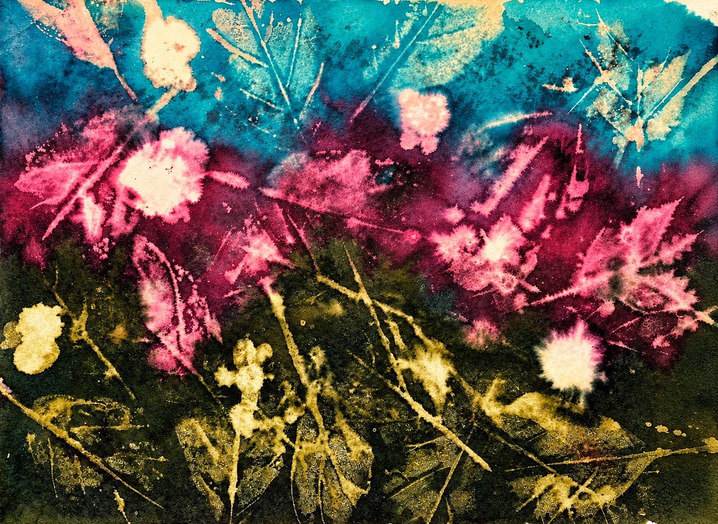 Cyan, magenta, and olive leaf monoprint