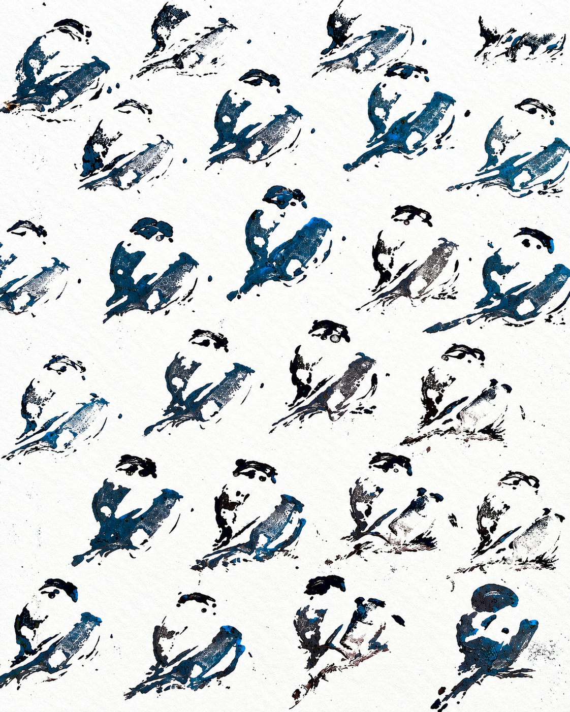 Indigo block printed birds on white background