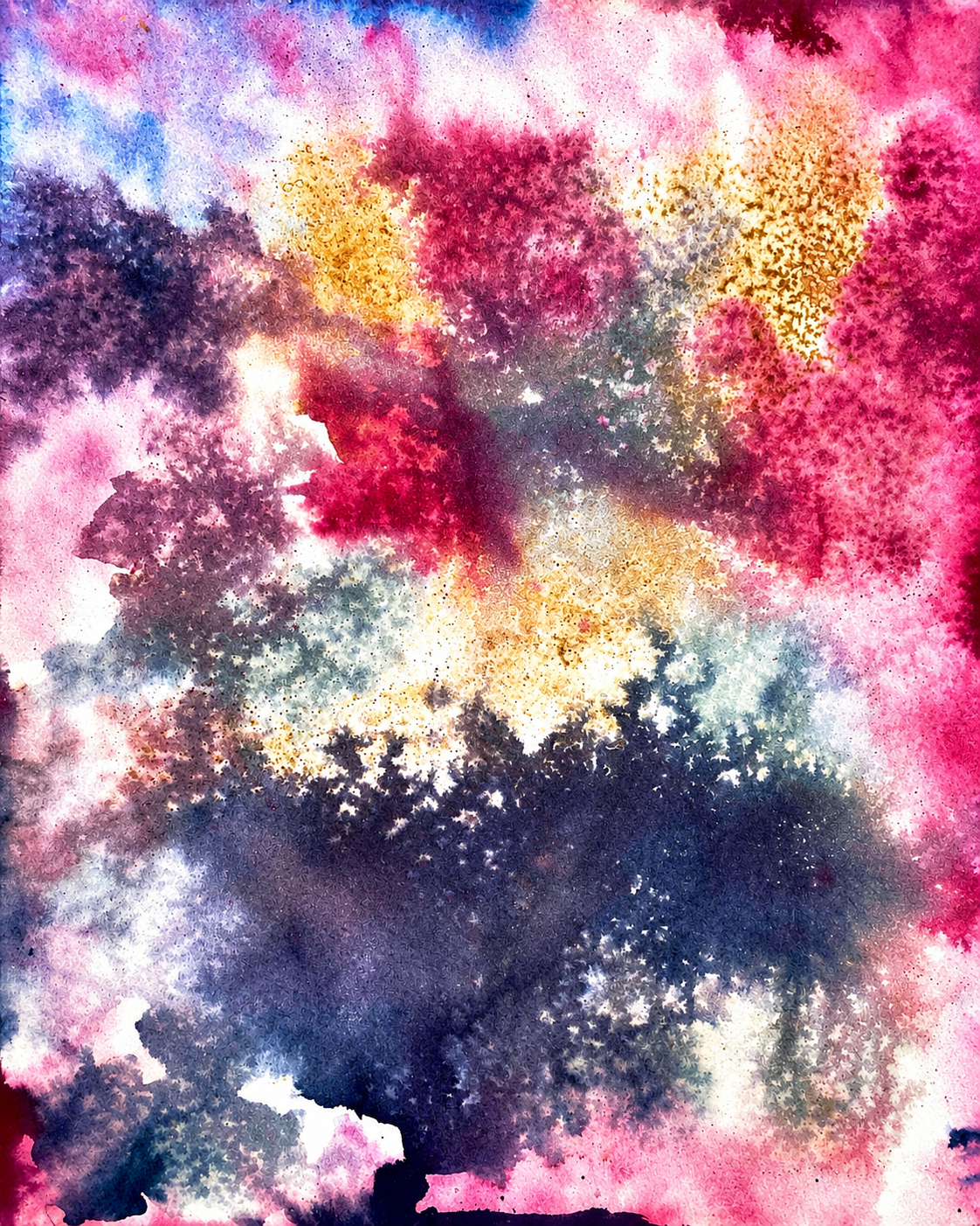 Pink, indigo, and gold splatter watercolor texture
