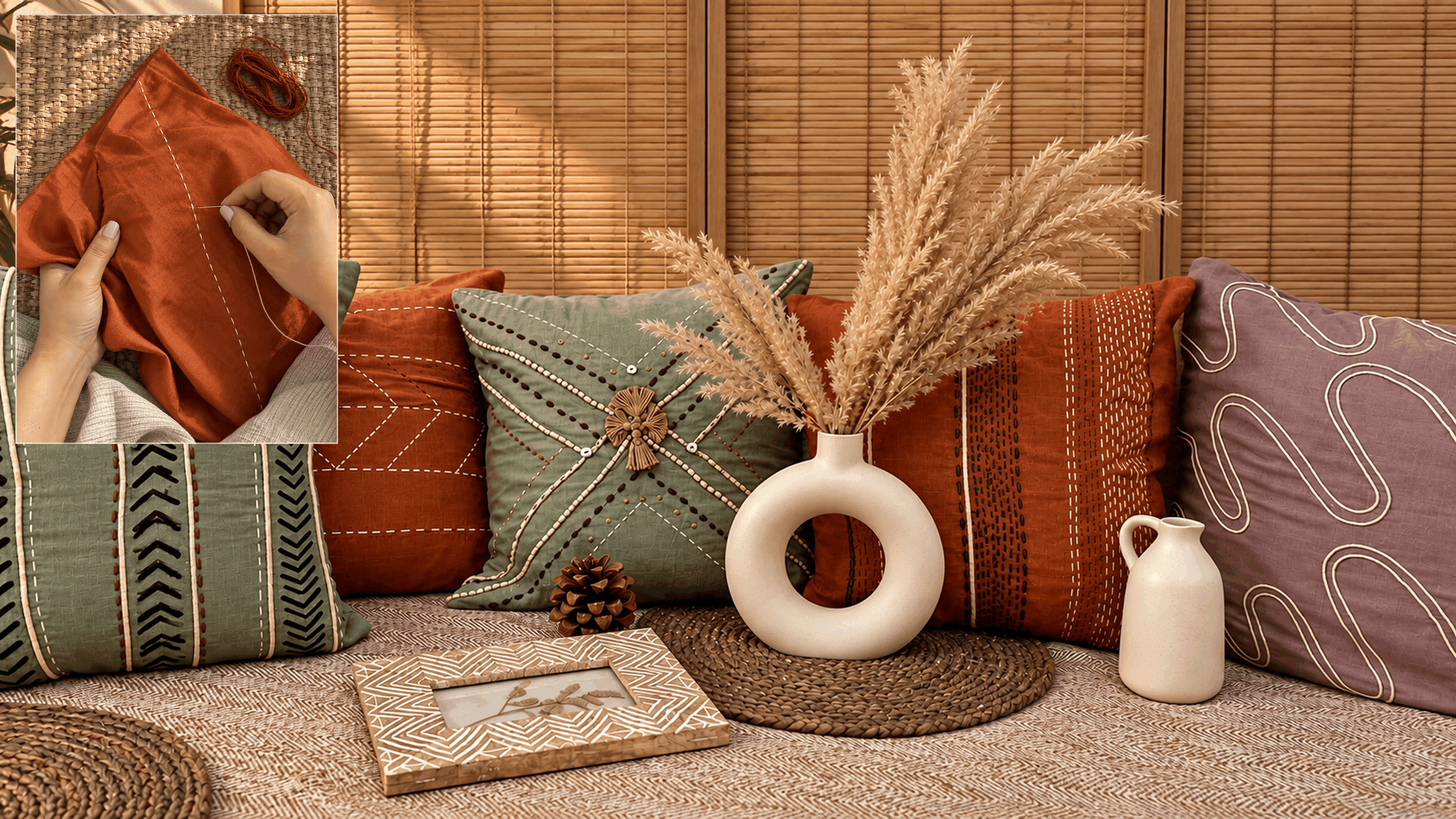 Interior styling with cushions, ceramics, and pampas grass