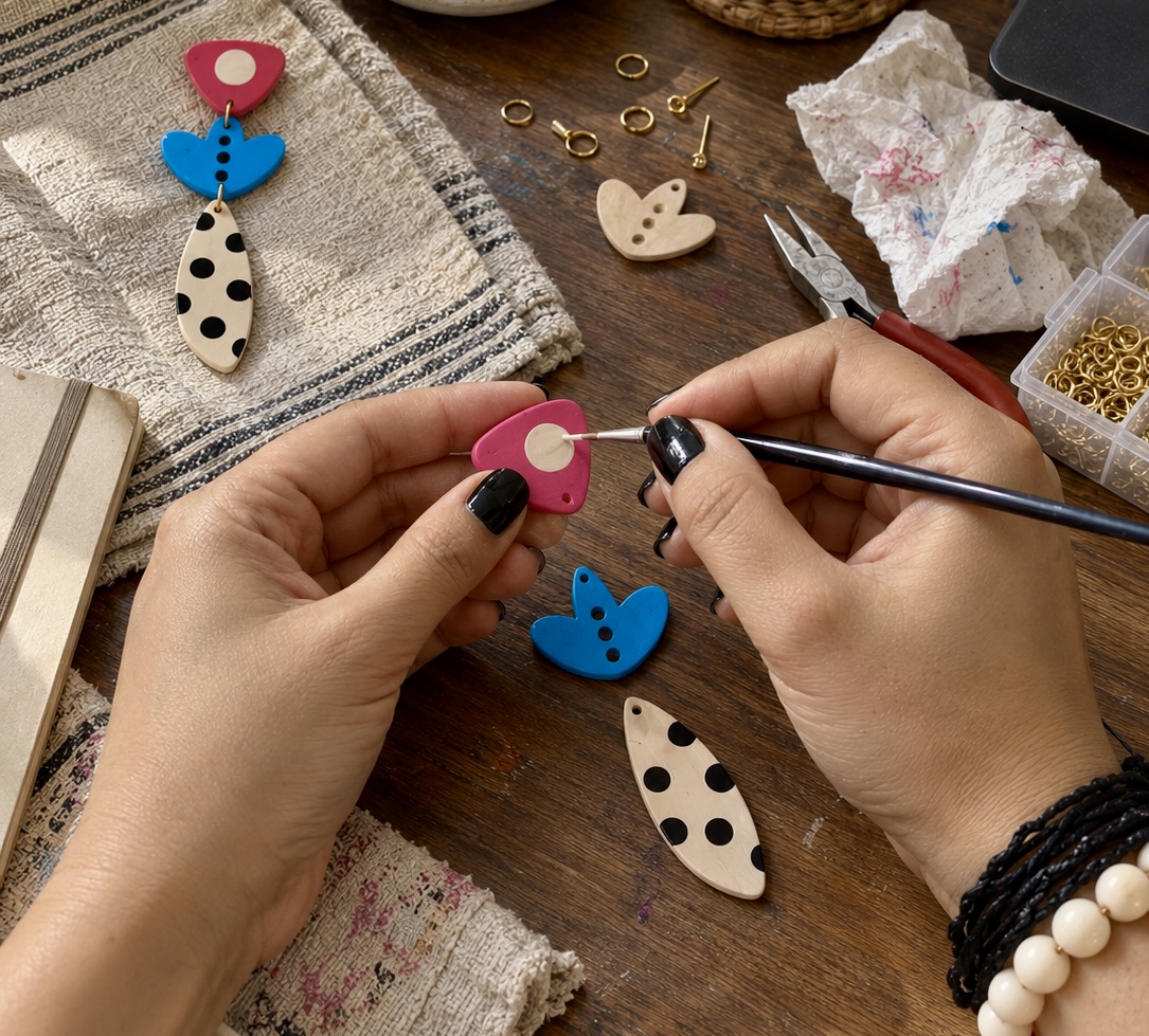 Hands crafting hand-painted wooden jewelry