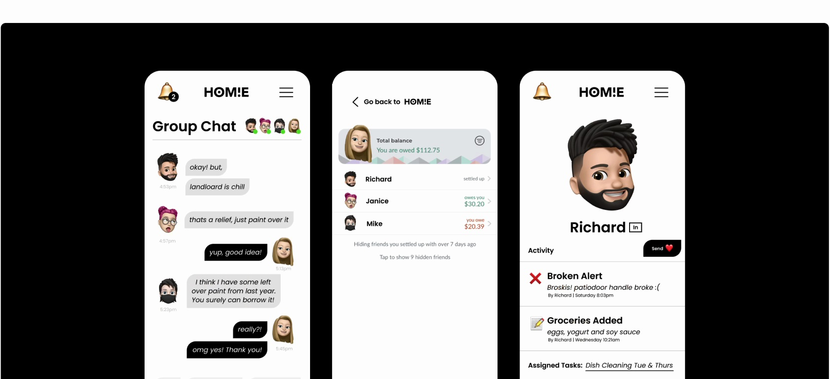 Group Features UI Screens (Chat, Splitwise, Profile)