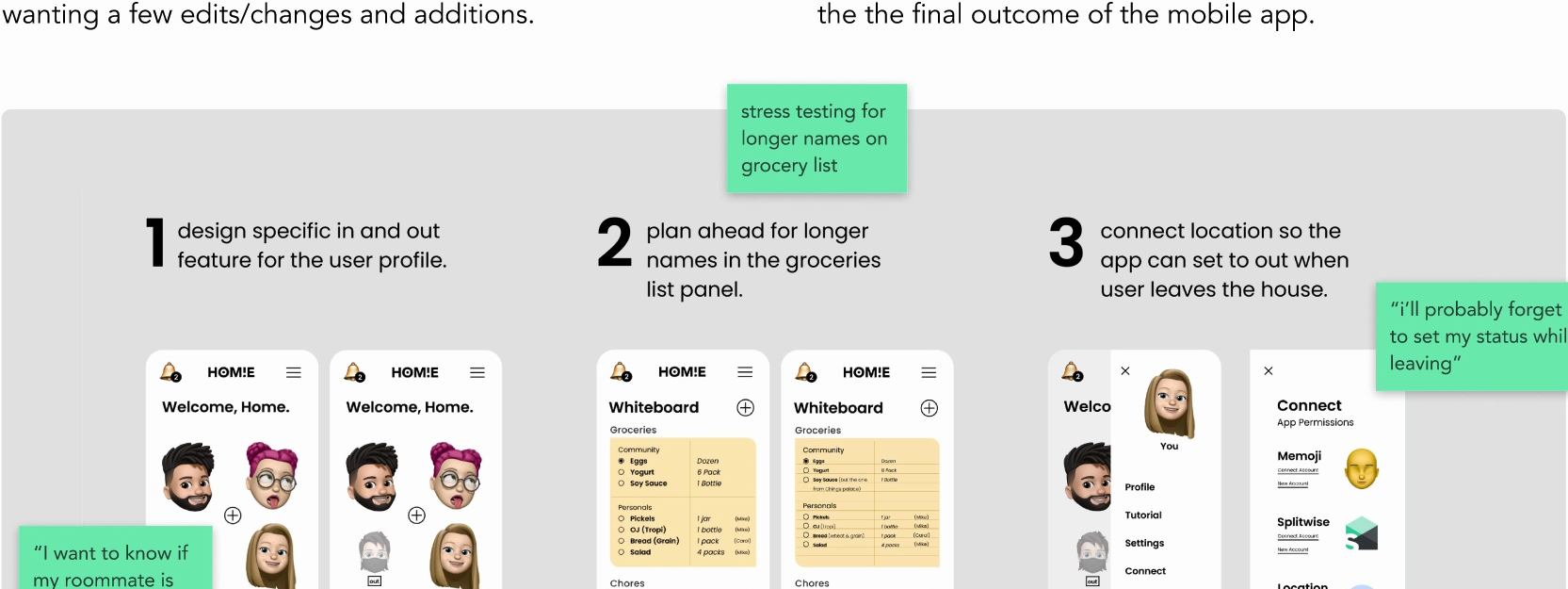 User feedback iterations 1, 2, 3: in/out toggle, longer grocery names, connect location