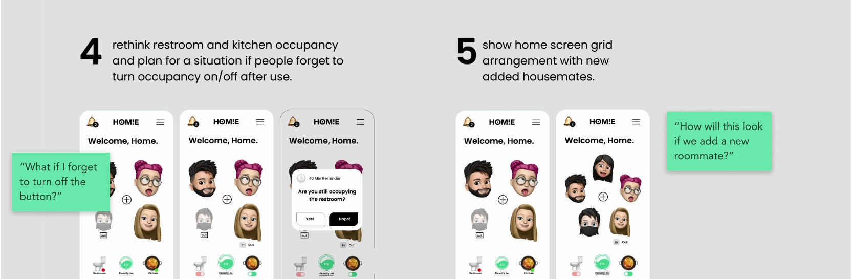User feedback iterations 4, 5: vacancy switches, time reminder, free layout